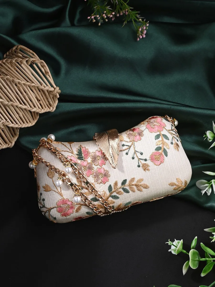 Cream Floral Embroidered Clutch