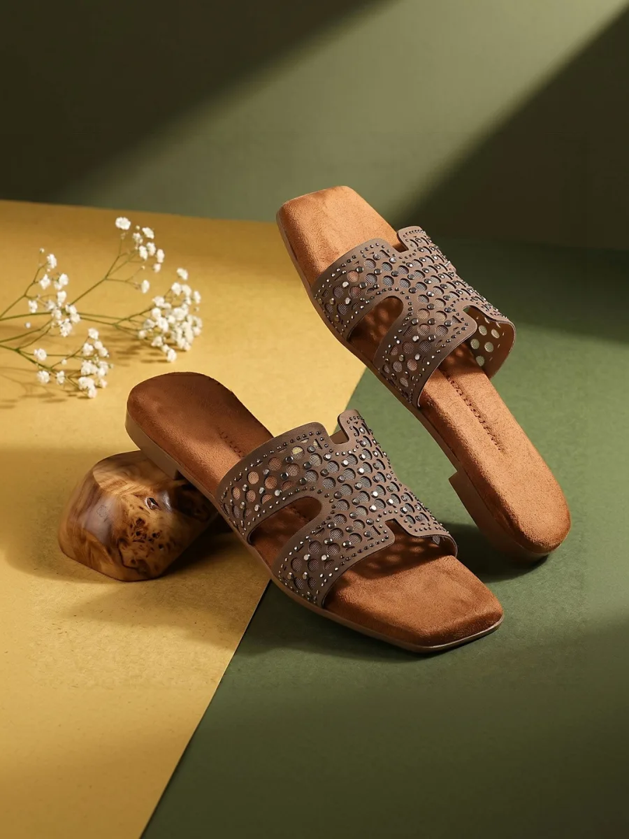 Taupe Embellished Flat Sandals