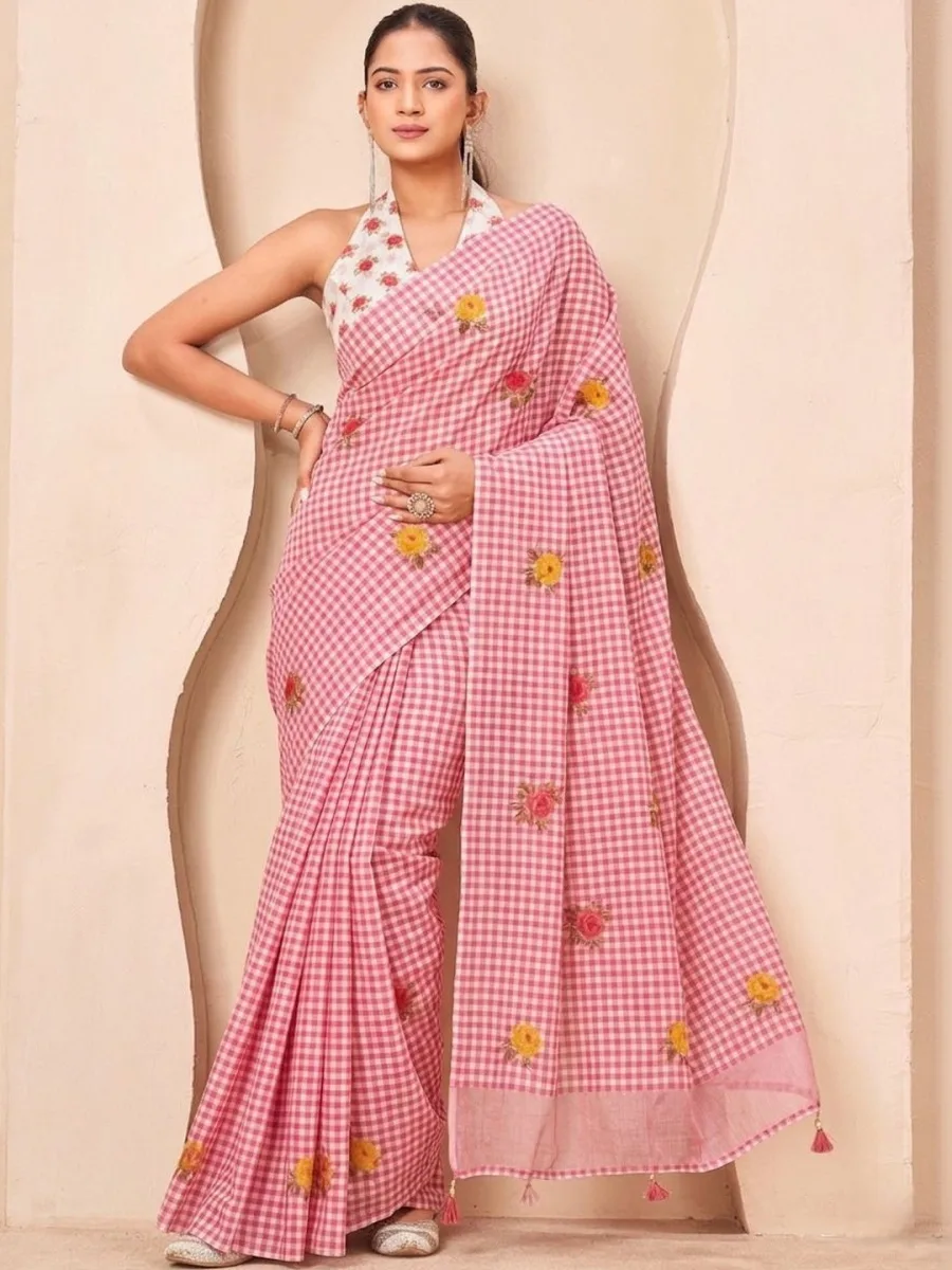 Checked Embroidered Saree